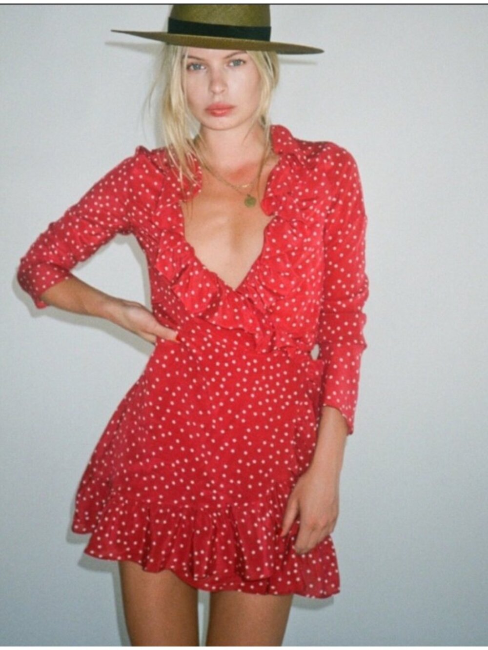 Realisation Par Alexandra Ruffled Silk Wrap Mini Dress Red Star Print